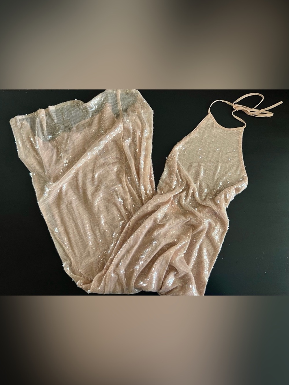 Zara Sequin Halter Neck Evening Gown in Champagne